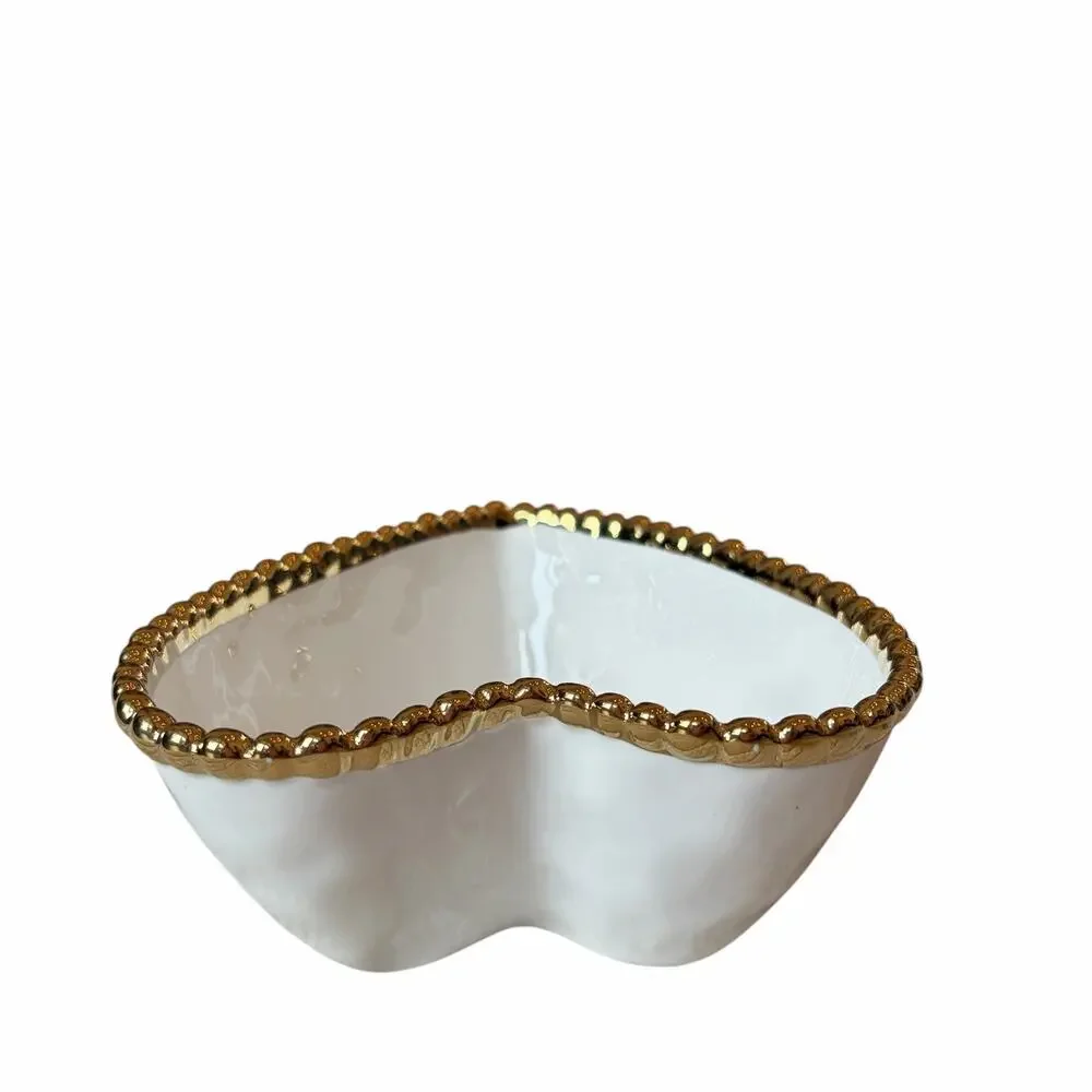 White Heart Shaped Serving Bowl 6in Ceramic w/ Gold Beaded Rim NEW